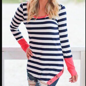 Twenty Second Black and White Striped Top with Coral Details